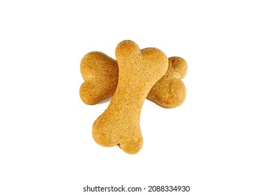 Top View Of Crunchy Brown Bone Shaped Dog Biscuit As A Treat Isolated On White Background Close Up