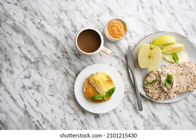 Top View Of Crunchy Buckwheat And Rice Snack With Almond Butter And Apple On The Table. 