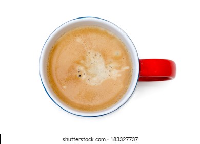 Top View Of A Cup Of Coffee, Isolate On White, Blue Red Mug