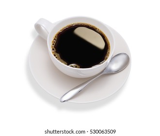 Top view of a cup of coffee, isolate on white