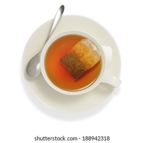 Top View Of A Cup Of Tea With Tea Bag, Isolate On White