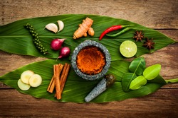 Top View Of Curry Ingredients On The Wooden Background In Concept Of Herbal And Spicy.spices Are Giving Good Appetite And Can Help Reduce Fat In Blood.people Use Curry For Colour And Spicy Taste
