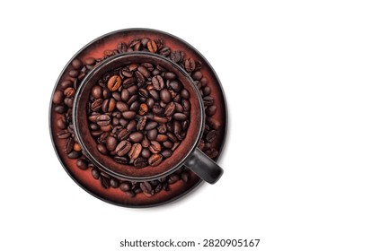 Top view of a dark ceramic coffee cup filled with roasted coffee beans, ideal for café menus and coffee-themed designs, isolated on white background with space for text. 