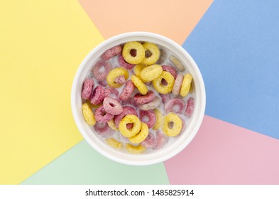 Top View Delicious Bowl Of Fruit Cereal Loops