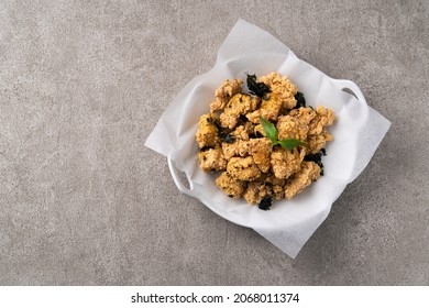 Top View Of Delicious Fried Popcorn Chicken Food In Taiwan For Famous Night Market Street Food Delicacy.