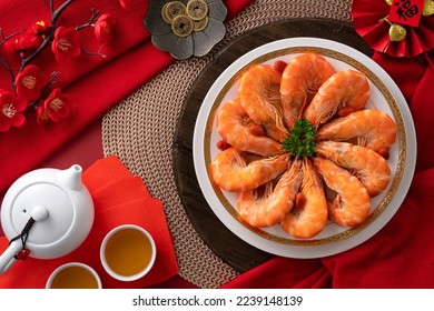Top view of delicious shrimp soaked in Chinese wine named drunken shrimp for lunar new year's dishes. - Shutterstock ID 2239148139