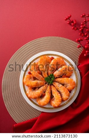 Top view of delicious shrimp soaked in Chinese wine named drunken shrimp for lunar new year's dishes.