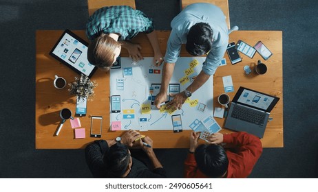 Top view of developer team sharing idea of Ux Ui design by using mind map. Top down view of group of business people working together to brainstorm or plan mobile phone interface app. Convocation. - Powered by Shutterstock