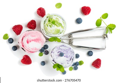  Top View Of Different Ice Cream In Sundae Cups And Spoon, Fresh Berries Isolated On White Background