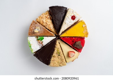 Top view of different slices of various cakes, making a single whole torte, top view on white background - Shutterstock ID 2080920961