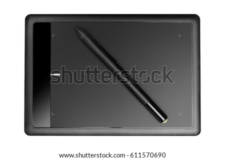 Top view of digital graphic tablet and pen isolated with clipping path on white background