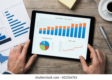 Top View Of Digital Tablet With Financial Year Overview On Screen. Businessman Analyzing Investment Charts With Digital Tablet On Wooden Desk At Office. Positive Stock Market Trend. 