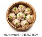 Top view of Dim Sum Dumplings in a bowl, isolated on white background