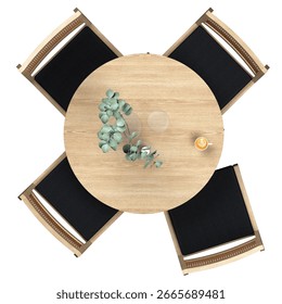 Top view of dining set (diameter 52 cm) designed for four people, with four matching chairs positioned evenly around the table. The chairs feature a black seat and a curved natural wood frame. 
