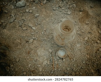 Top view of a dirty empty bottle and cap lying on dry rocky soil, soft natural lighting, highlighting environmental pollution and abandoned waste on arid ground