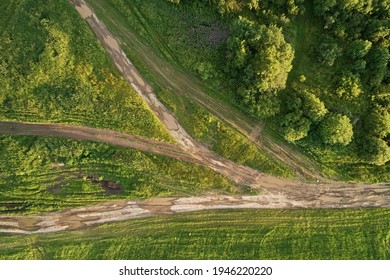 Top view of the dirty road - the path on the background of green grass and meadows. Aerial photo and abstract texture background. Crossroads - Powered by Shutterstock