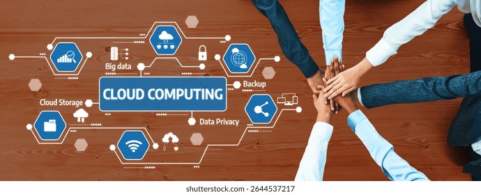 Top view of diverse hands joining together on a wooden desk, surrounded by cloud computing icons representing data privacy, cloud storage, and digital innovation concepts. Amity