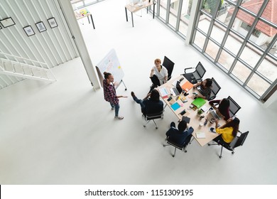 Top View Of Diverse People Of Creative Team Group Using Smartphone, Mobile Phone, Tablet And Computer Laptop While Meeting. Overhead View Of Asian Young Creative Start Up Meeting With Wide Angle View.