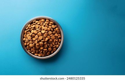 Top view of dog food in bowl for dogs over blue background with copy space, pets snack and treats - Powered by Shutterstock