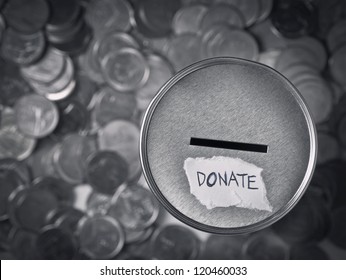 Top View Of Donation Box For Charity With Money Coins In Black And White.