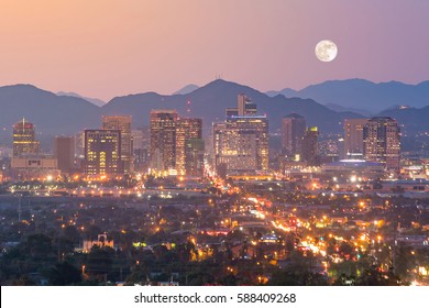 Top view of downtown Phoenix Arizona at sunset in USA