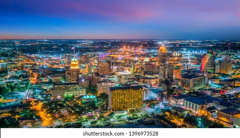 Top View Of Downtown San Antonio In Texas USA At Sunset