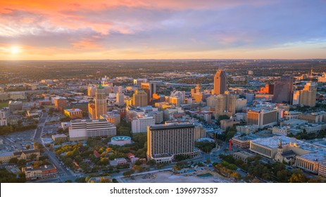 Top View Of Downtown San Antonio In Texas USA At Sunset