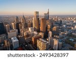 Top View of Downtown Skyline Philadelphia USA. Beautiful Sunset Skyline of Philadelphia City Center, Pennsylvania. Business Financial District and Skyscrapers in Background.