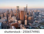 Top View of Downtown Skyline Philadelphia USA. Beautiful Sunset Skyline of Philadelphia City Center, Pennsylvania. Business Financial District and Skyscrapers in Background.