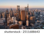 Top View of Downtown Skyline Philadelphia USA. Beautiful Sunset Skyline of Philadelphia City Center, Pennsylvania. Business Financial District and Skyscrapers in Background.