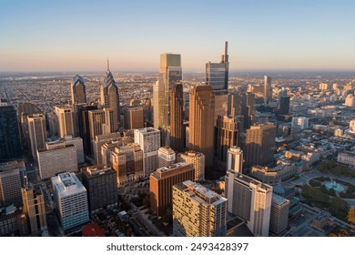 Top View of Downtown Skyline Philadelphia USA. Beautiful Sunset Skyline of Philadelphia City Center, Pennsylvania. Business Financial District and Skyscrapers in Background. - Powered by Shutterstock