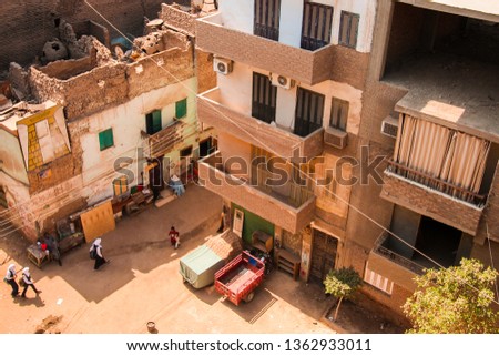 Top view of downtown street from house balcony (roof top) in Luxor, Egypt