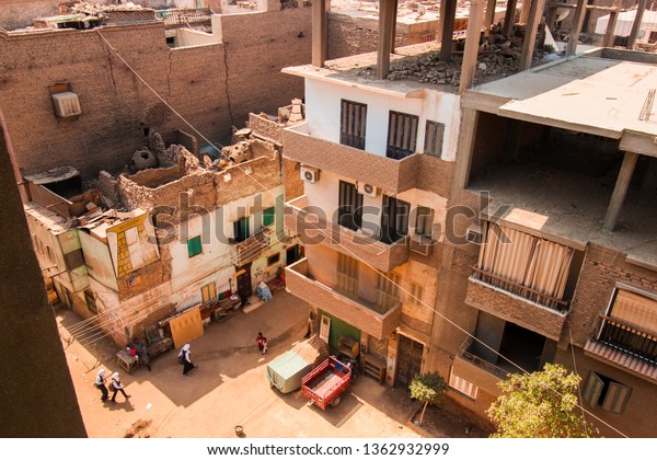 Top view of downtown street from house balcony
(roof top) in Luxor, Egypt