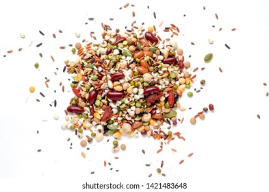 Top view of dry organic natural cereal or carbohydrate food on white background - Shutterstock ID 1421483648