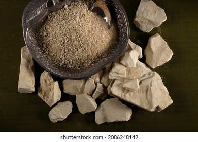 Top View Of Fuller’s Earth Called Natural Herbal Multani Mitti For India's Natural Face Pack Powder Studio Shot Selective Focus 