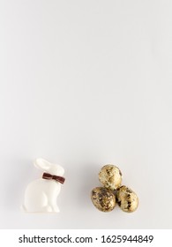 Top view easter composition. Bunny, egg creative flat lay background with copy space for your text.