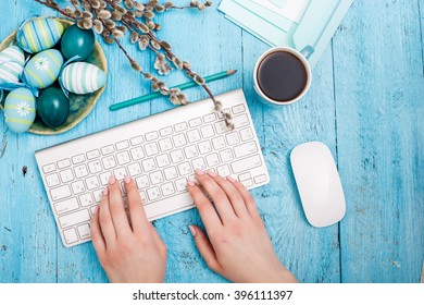 The top view of easter on wooden table office workplace - Powered by Shutterstock