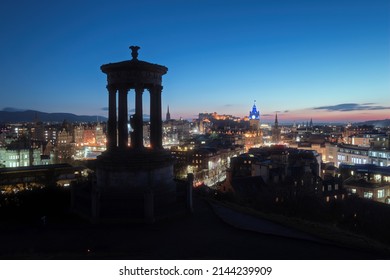 Top view of Edinburgh city centre in blue hour. Edinburgh, Scotland, United Kingdom 