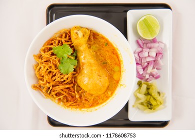 Top View Egg Noodle In Chicken Curry ( Khoa Soi ) Is Thai Food