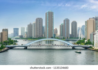 Top View Eidai Bridge And Sumida River In Front Of Building At Tokyo City Downtown.