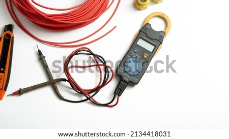 top view electrical tools and equipment isolated on white background