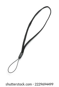 Top view of empty black textile lanyard strap isolated on white