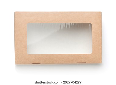 Top view of empty brown paper box with transparent window isolated on white