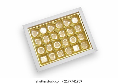 Top View Of Empty Candy Box On White Background. Gold Colored Tray For Candy And Confectionery Products.