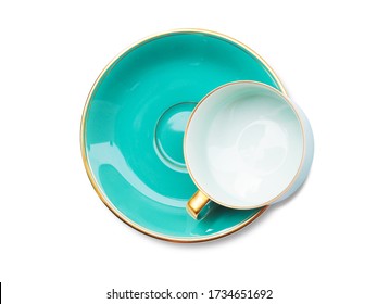 Top View Of Empty Coffee Cup Or Ceramic Tea Cup On Saucer Dish Isolated On White Background With Clipping Path.