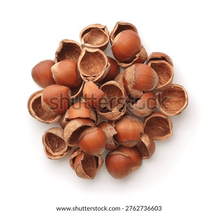 Top view of empty cracked hazelnut shells isolated on white