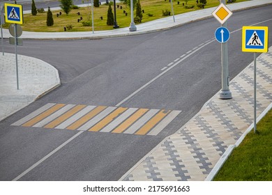 Top View Of An Empty Crosswalk In The City. High Quality Photo