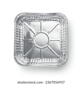 Top view of empty disposable square aluminium food foil container isolated on white