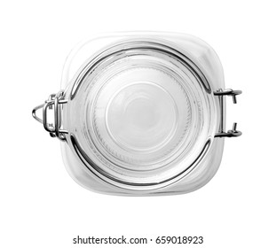 Top View Of Empty Glass Jar On A White Background