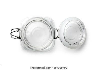 Top View Of Empty Glass Jar On A White Background